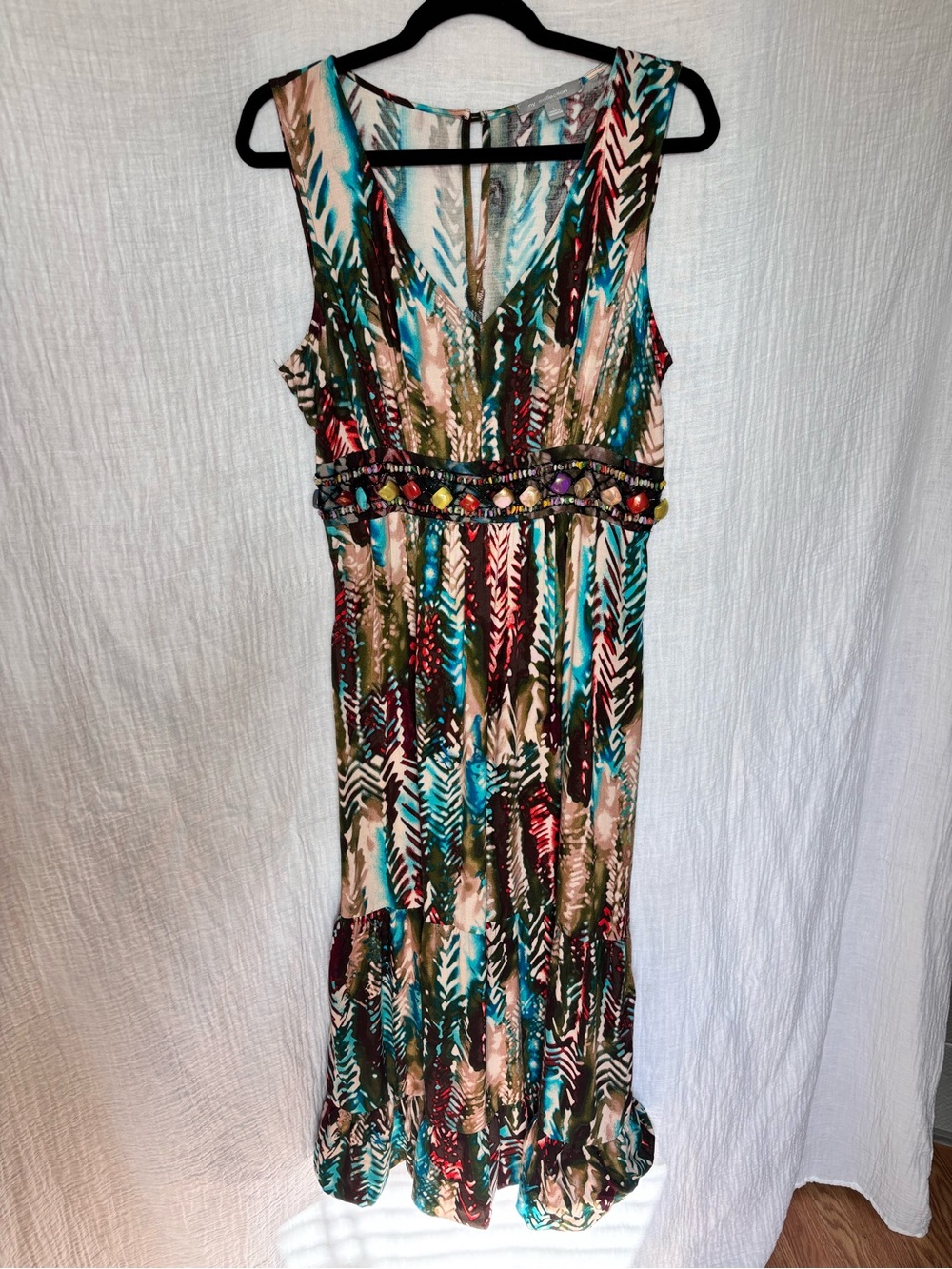 NY Collection Sleeveless Multicolor Printed Maxi Dress Beaded Waistband